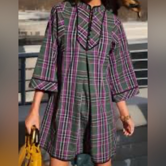 Tuckernuck Aubergine Tartan Indre Dress 3/4 Sleeve Mini Plaid xs - Picture 3 of 14
